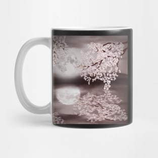 Cherry blossom branch. Full moon on water watercolor landscape illustration Mug